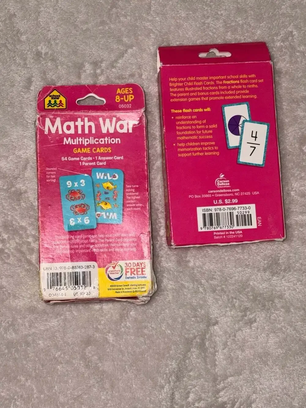 School Zone Math War Multiplication  Cards & Carson Dellosa Fractions Cards